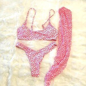 Yii Ouneey Animal Print Pink Bikini 3 piece set with Cover-up Size Small